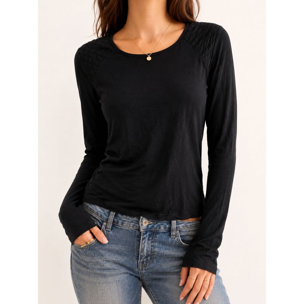 Banana Republic Black Long Sleeve Top Quilted Shoulder Detail Soft Knit Womens S